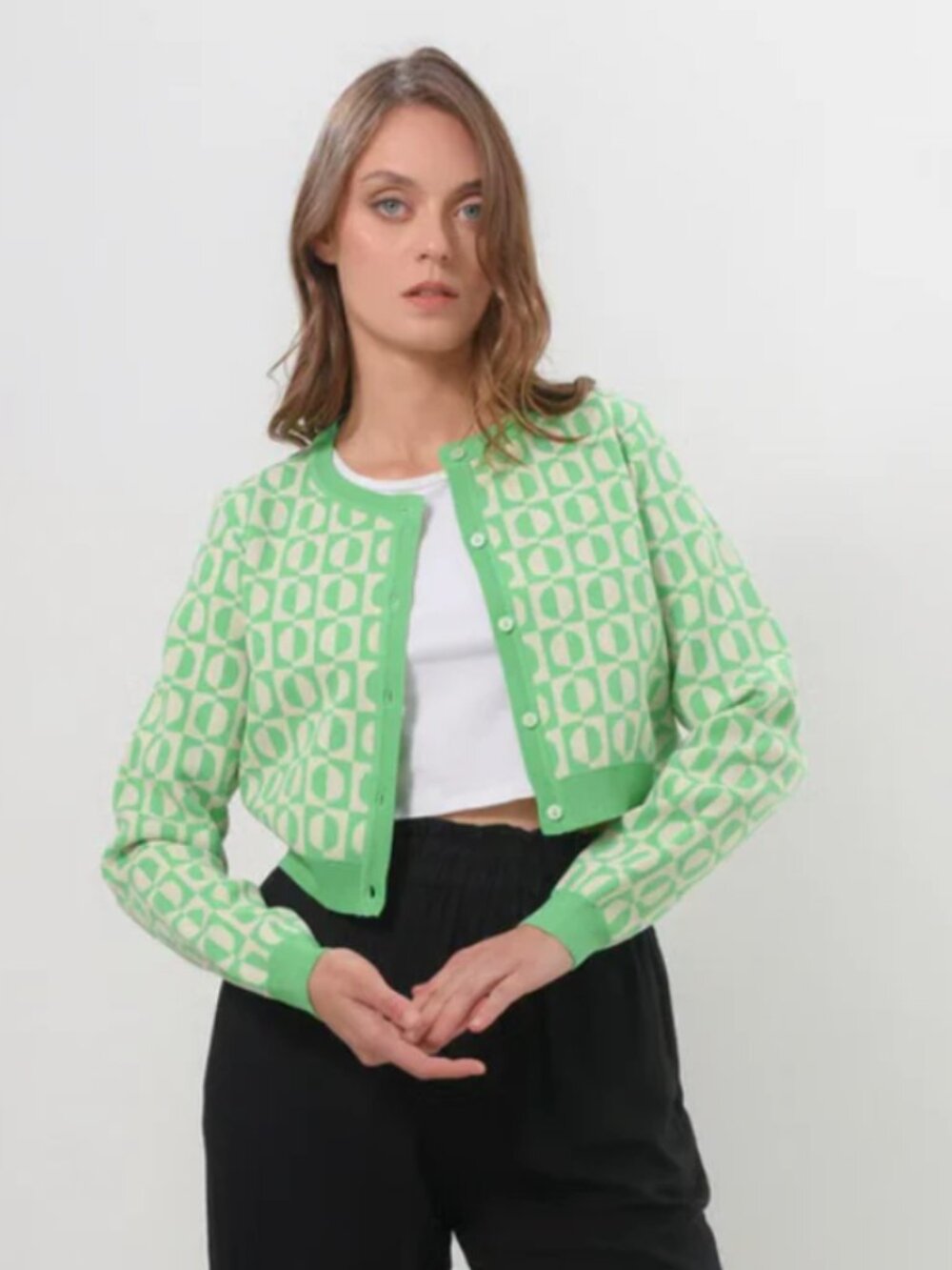 Vero‎ Moda Sara Green Geometric Cropped Cardigan L